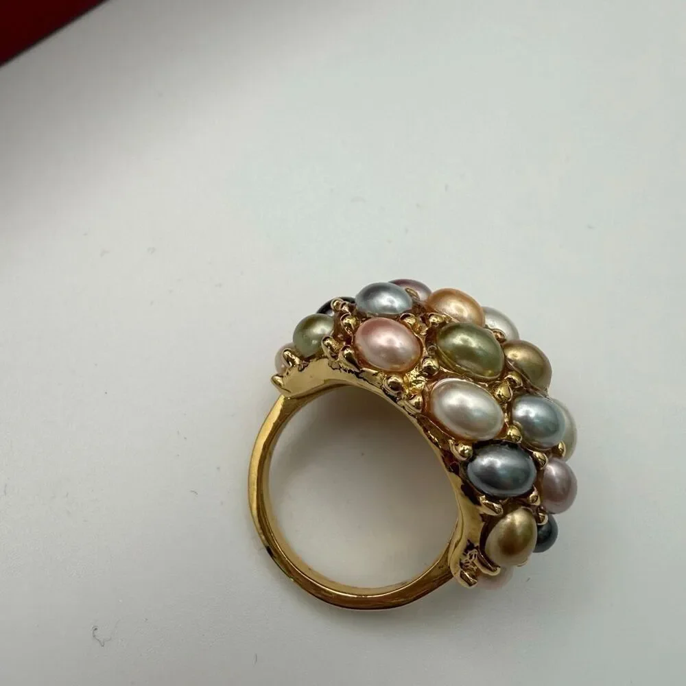 Kenneth Jay Lane vintage gold tone ring dome multi-colored faux pearls New sz 6